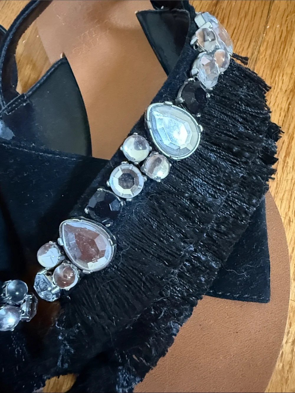 Black Jeweled Fringe Slingback Sandals - Women